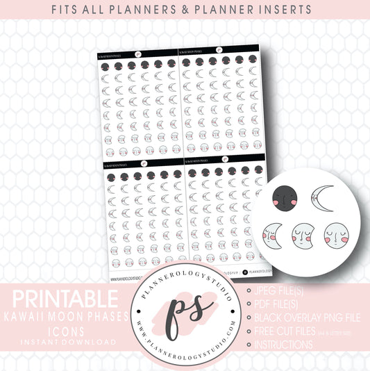 Kawaii Moon Phases Icon Digital Printable Planner Stickers