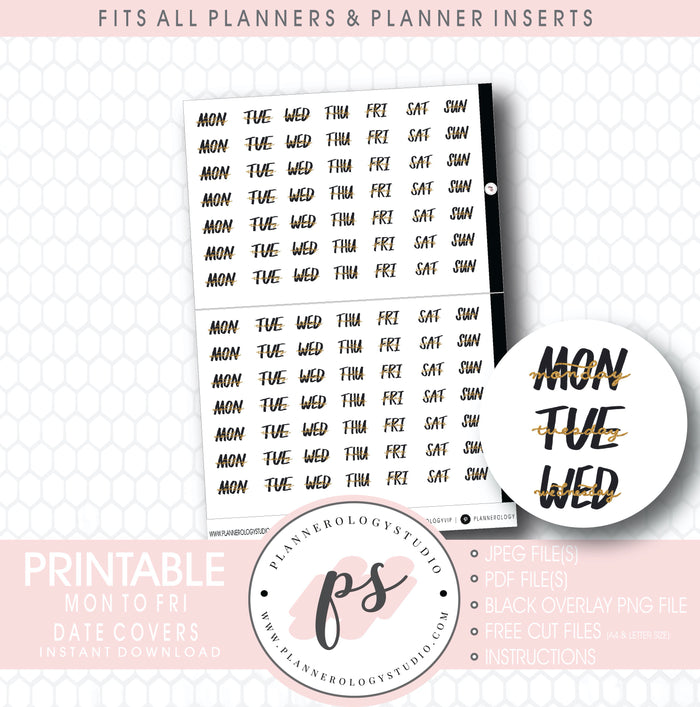 Days of Week (Monday to Friday) Date Cover Digital Printable Planner Stickers