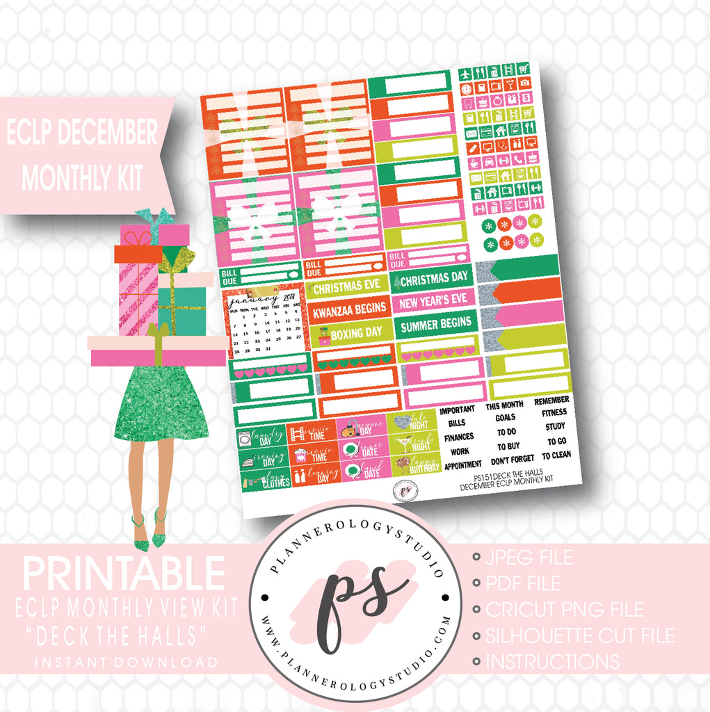 Deck the Halls Christmas 2017 December Monthly View Kit Printable Planner Stickers (for use with ECLP) - Plannerologystudio