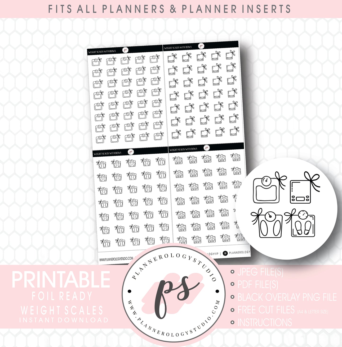 Weight Scales with Bows Icon Digital Printable Planner Stickers (Foil Ready)