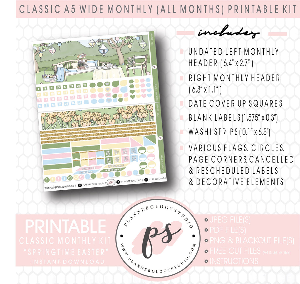 Springtime Easter Monthly Kit Digital Printable Planner Stickers (Undated All Months for Classic A5 Wide Planners)