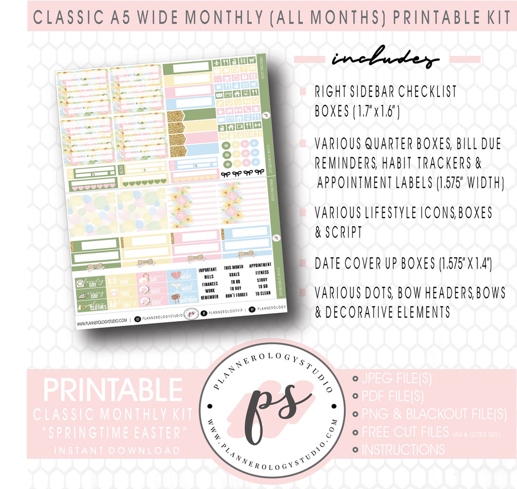 Springtime Easter Monthly Kit Digital Printable Planner Stickers (Undated All Months for Classic A5 Wide Planners)