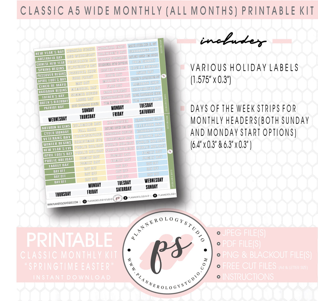 Springtime Easter Monthly Kit Digital Printable Planner Stickers (Undated All Months for Classic A5 Wide Planners)