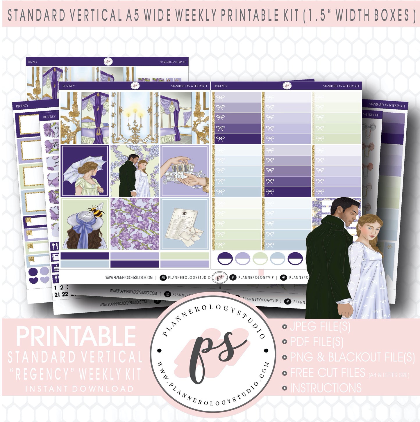 Regency (Bridgerton Inspired) Weekly Digital Printable Planner Stickers Kit (for use with Standard Vertical A5 Wide Planners)