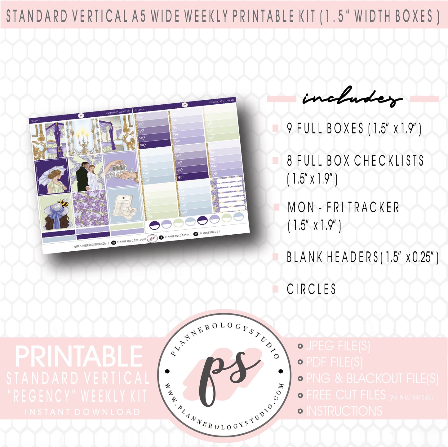 Regency (Bridgerton Inspired) Weekly Digital Printable Planner Stickers Kit (for use with Standard Vertical A5 Wide Planners)