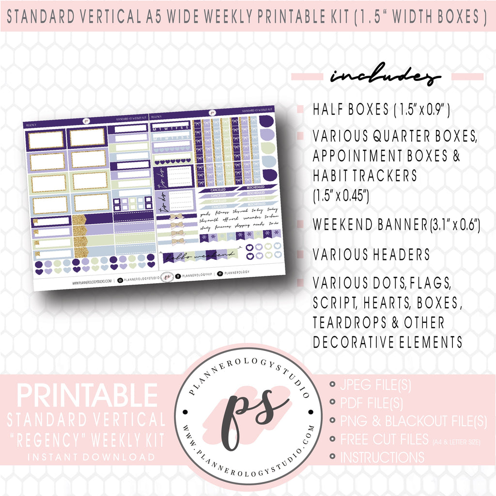 Regency (Bridgerton Inspired) Weekly Digital Printable Planner Stickers Kit (for use with Standard Vertical A5 Wide Planners)