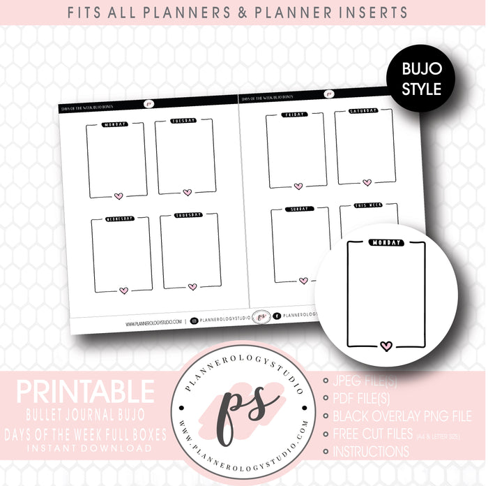 Days of the Week (Monday to Sunday) Full Boxes Bujo Bullet Journal Digital Printable Planner Stickers