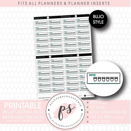 Water Hydrate Habit Tracker Bujo Bullet Journal Digital Printable Planner Stickers