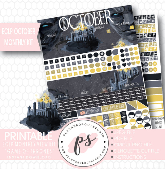 Game of Thrones (GOT) October 2017 Monthly View Kit Printable Planner Stickers (for use with ECLP) - Plannerologystudio