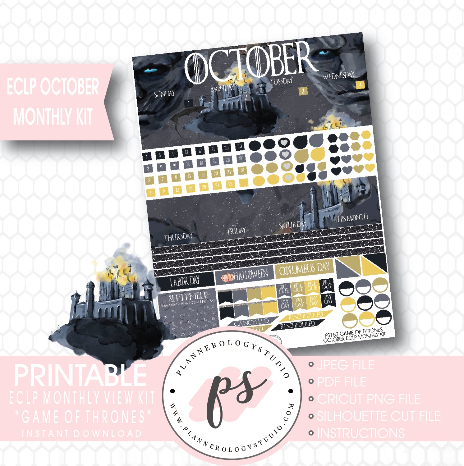 Game of Thrones (GOT) October 2017 Monthly View Kit Printable Planner Stickers (for use with ECLP) - Plannerologystudio
