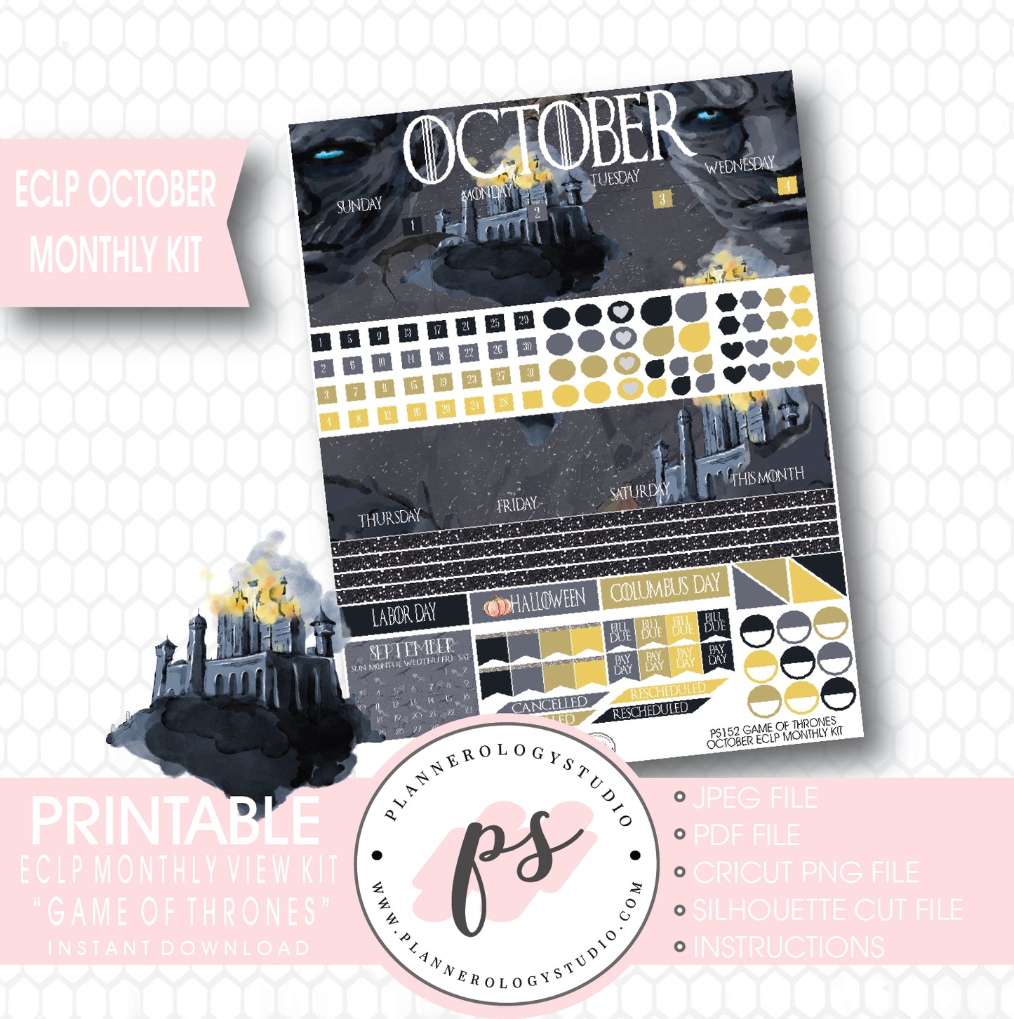 Game of Thrones (GOT) October 2017 Monthly View Kit Printable Planner Stickers (for use with Classic Happy Planner) - Plannerologystudio