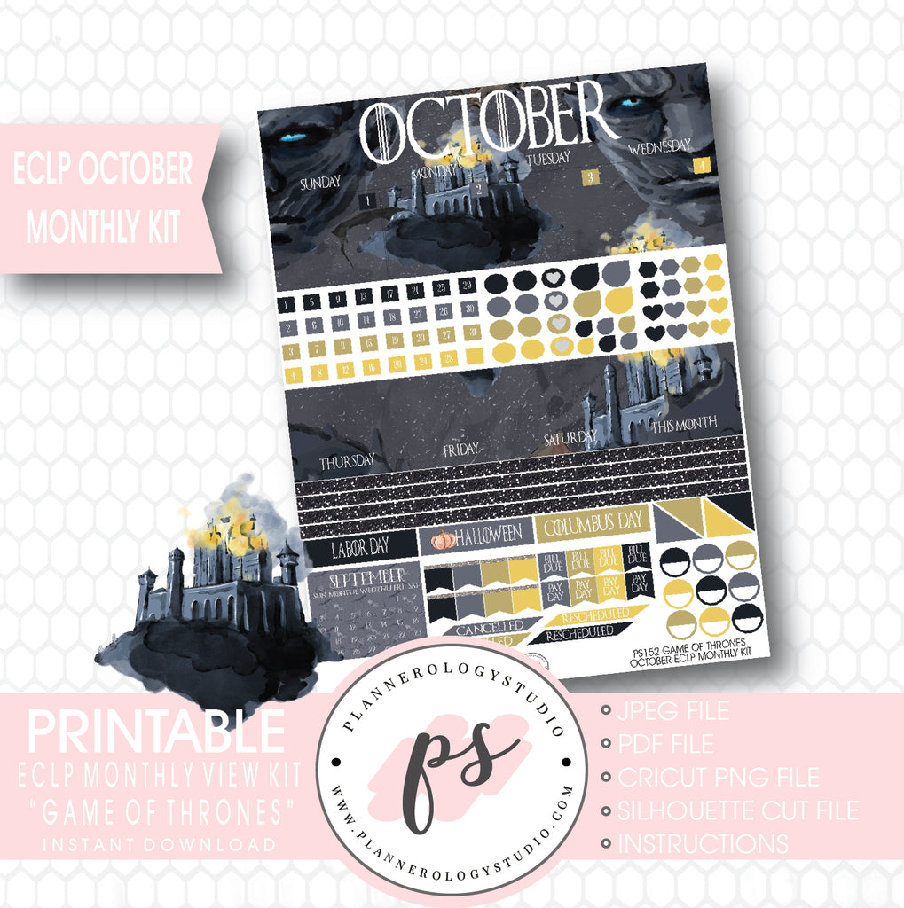 Game of Thrones (GOT) October 2017 Monthly View Kit Printable Planner Stickers (for use with Classic Happy Planner) - Plannerologystudio