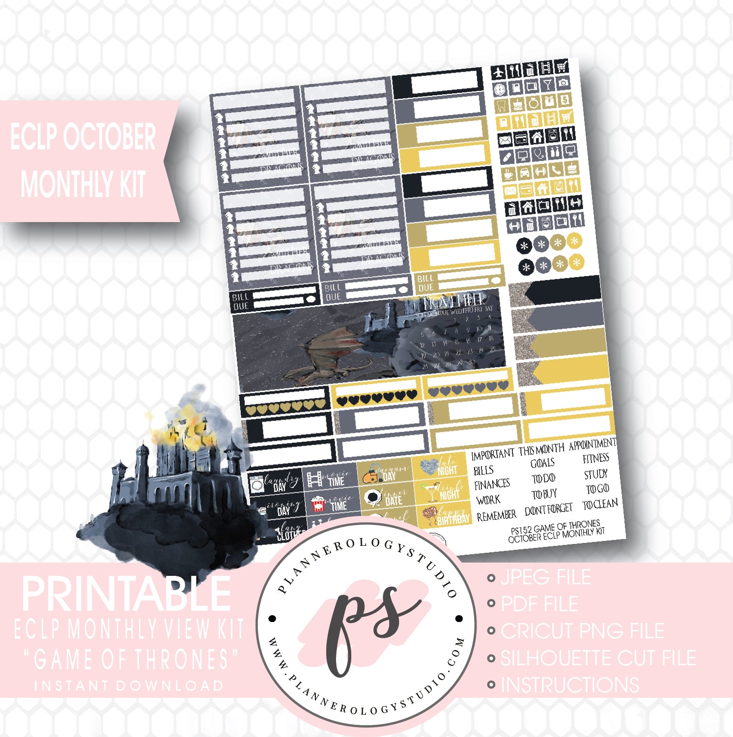 Game of Thrones (GOT) October 2017 Monthly View Kit Printable Planner Stickers (for use with Classic Happy Planner) - Plannerologystudio