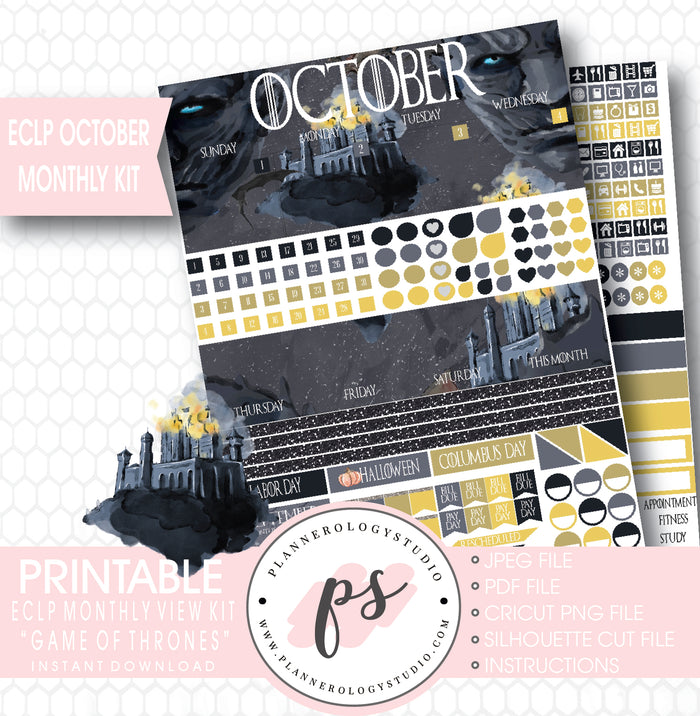 Game of Thrones (GOT) October 2017 Monthly View Kit Printable Planner Stickers (for use with Classic Happy Planner) - Plannerologystudio