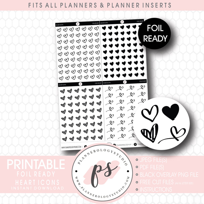 Various Heart Icon Digital Printable Planner Stickers (Foil Ready)