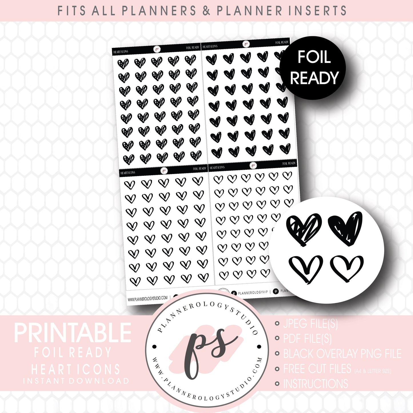 Decorative Heart Icon Digital Printable Planner Stickers (Foil Ready)