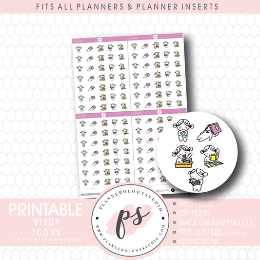 Study Bujo Emoticon Icon Digital Printable Planner Stickers