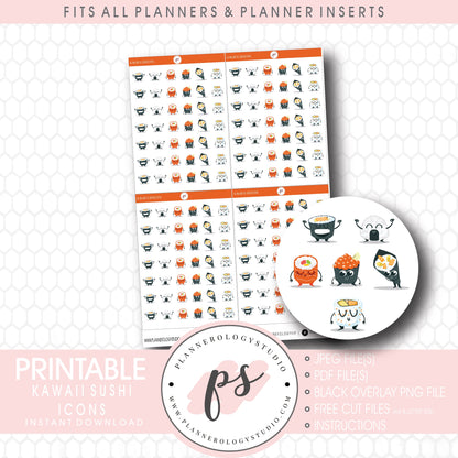 Kawaii Sushi Bujo Emoticon Icon Digital Printable Planner Stickers