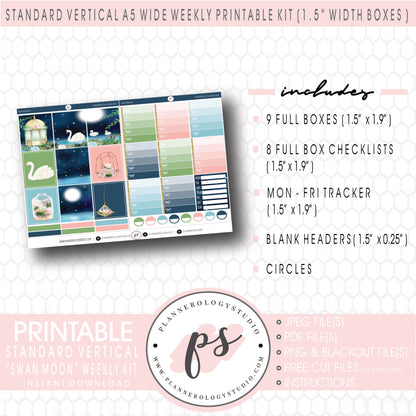 Swan Moon Weekly Kit Printable Planner Digital Stickers (for use with Standard Vertical A5 Wide Planners)