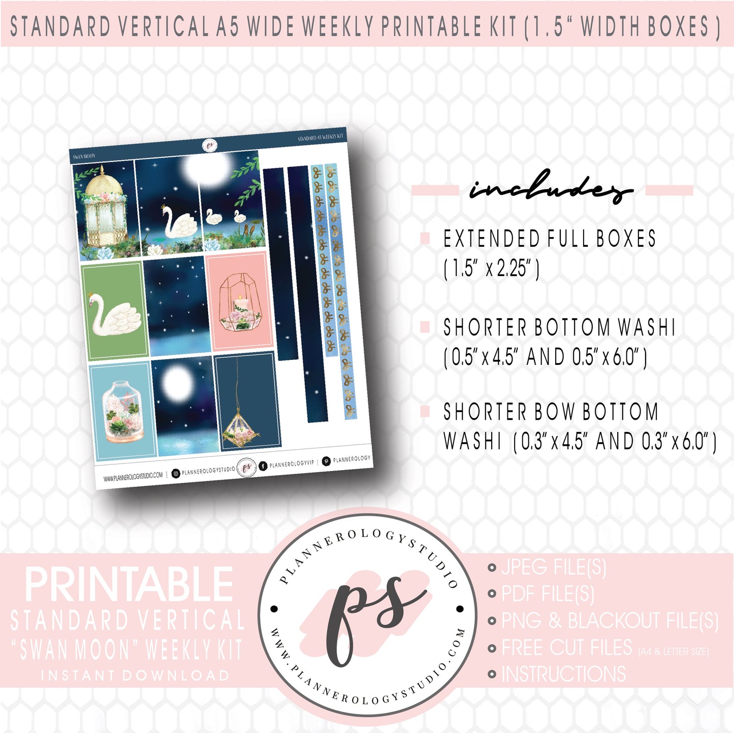 Swan Moon Weekly Kit Printable Planner Digital Stickers (for use with Standard Vertical A5 Wide Planners)