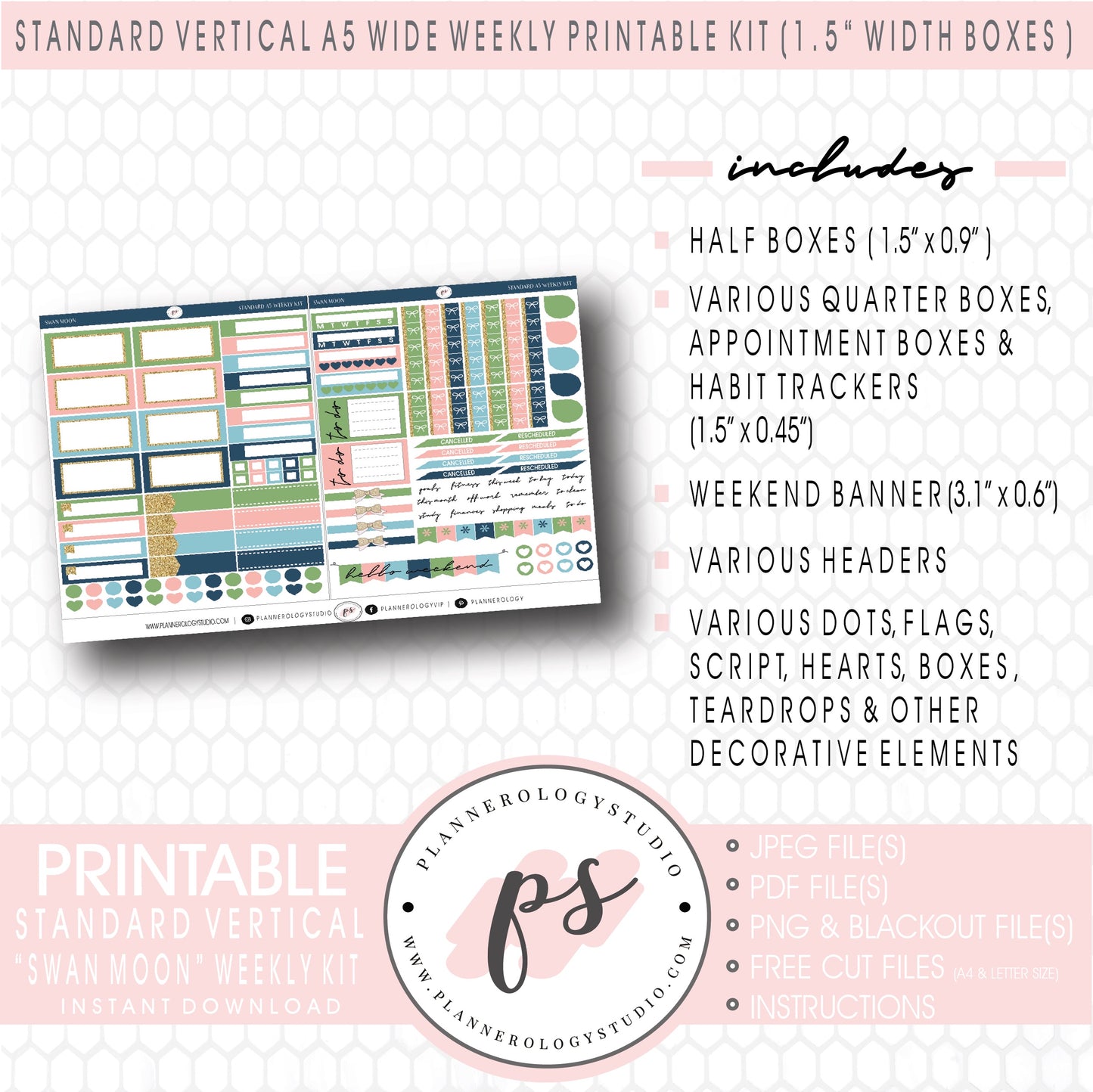 Swan Moon Weekly Kit Printable Planner Digital Stickers (for use with Standard Vertical A5 Wide Planners)