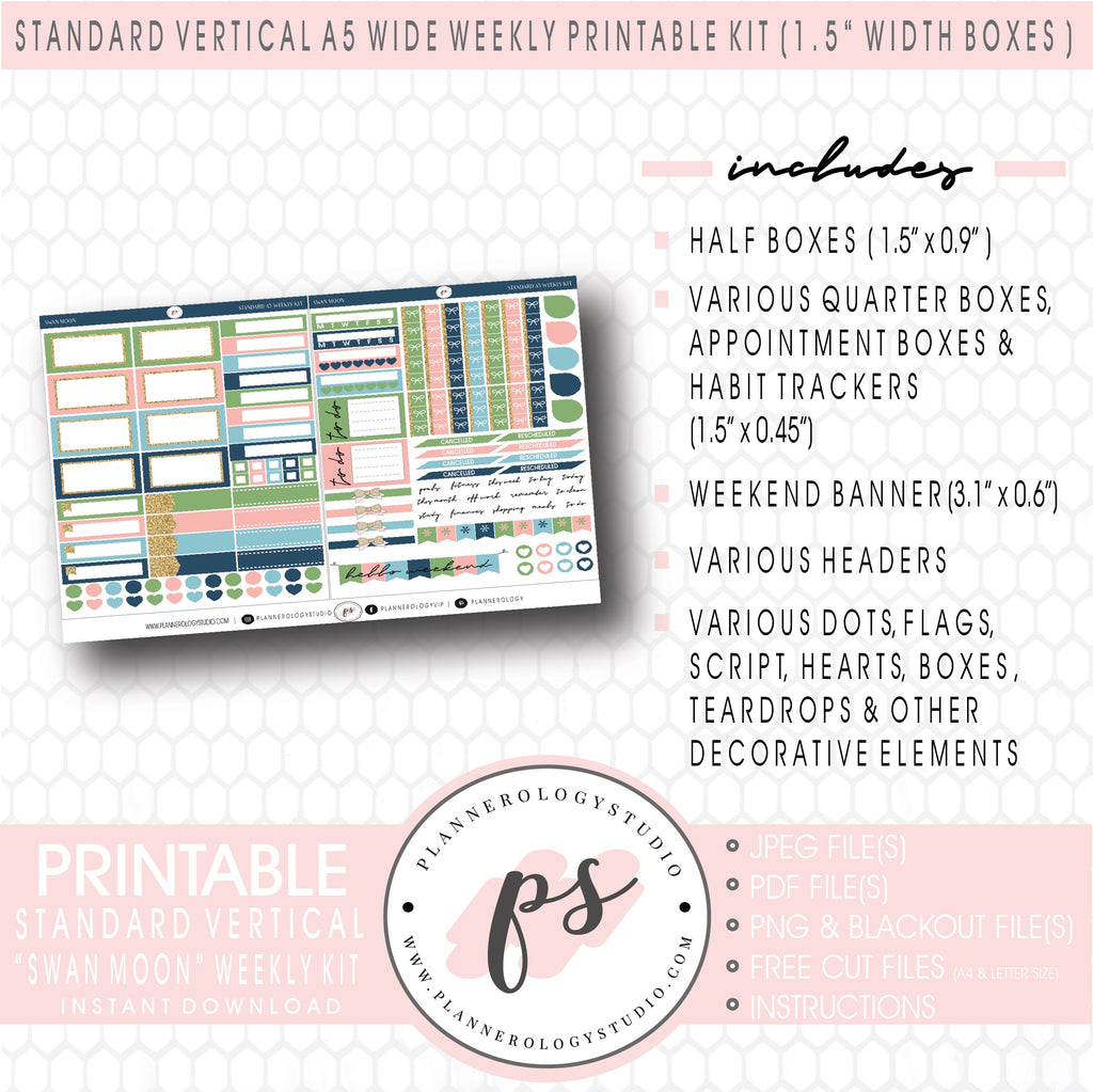 Swan Moon Weekly Kit Printable Planner Digital Stickers (for use with Standard Vertical A5 Wide Planners)