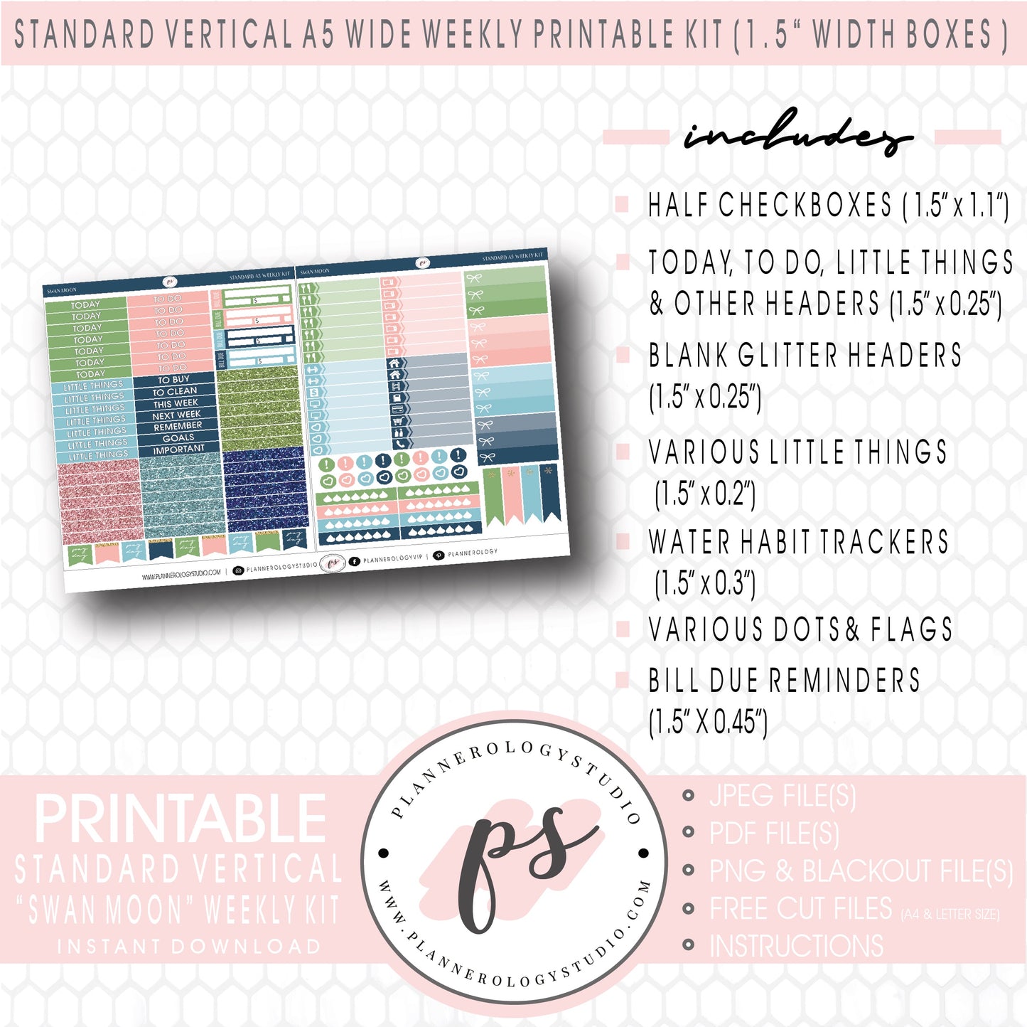 Swan Moon Weekly Kit Printable Planner Digital Stickers (for use with Standard Vertical A5 Wide Planners)