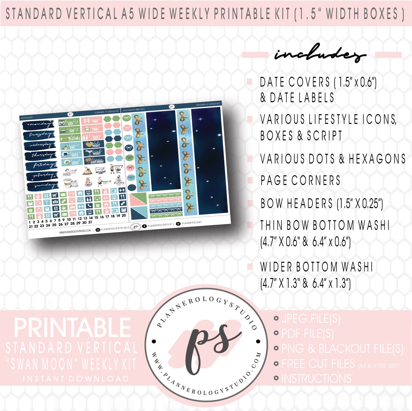 Swan Moon Weekly Kit Printable Planner Digital Stickers (for use with Standard Vertical A5 Wide Planners)