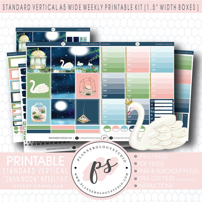 Swan Moon Weekly Kit Printable Planner Digital Stickers (for use with Standard Vertical A5 Wide Planners)