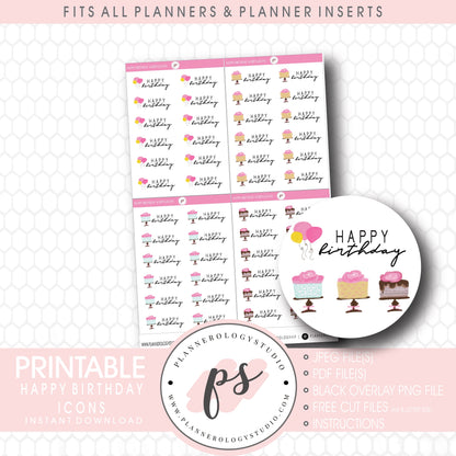 Happy Birthday Bujo Script & Icon Digital Printable Planner Stickers