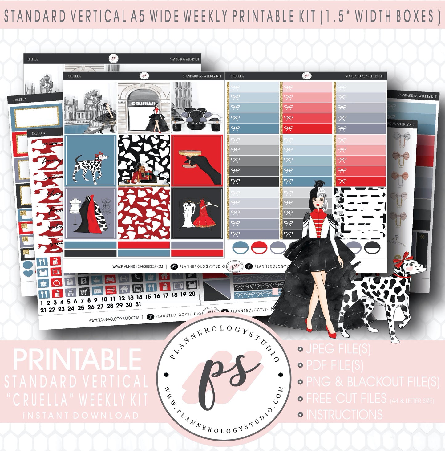 Cruella (101 Dalmations Inspired) Weekly Digital Printable Planner Stickers Kit (for use with Standard Vertical A5 Wide Planners)