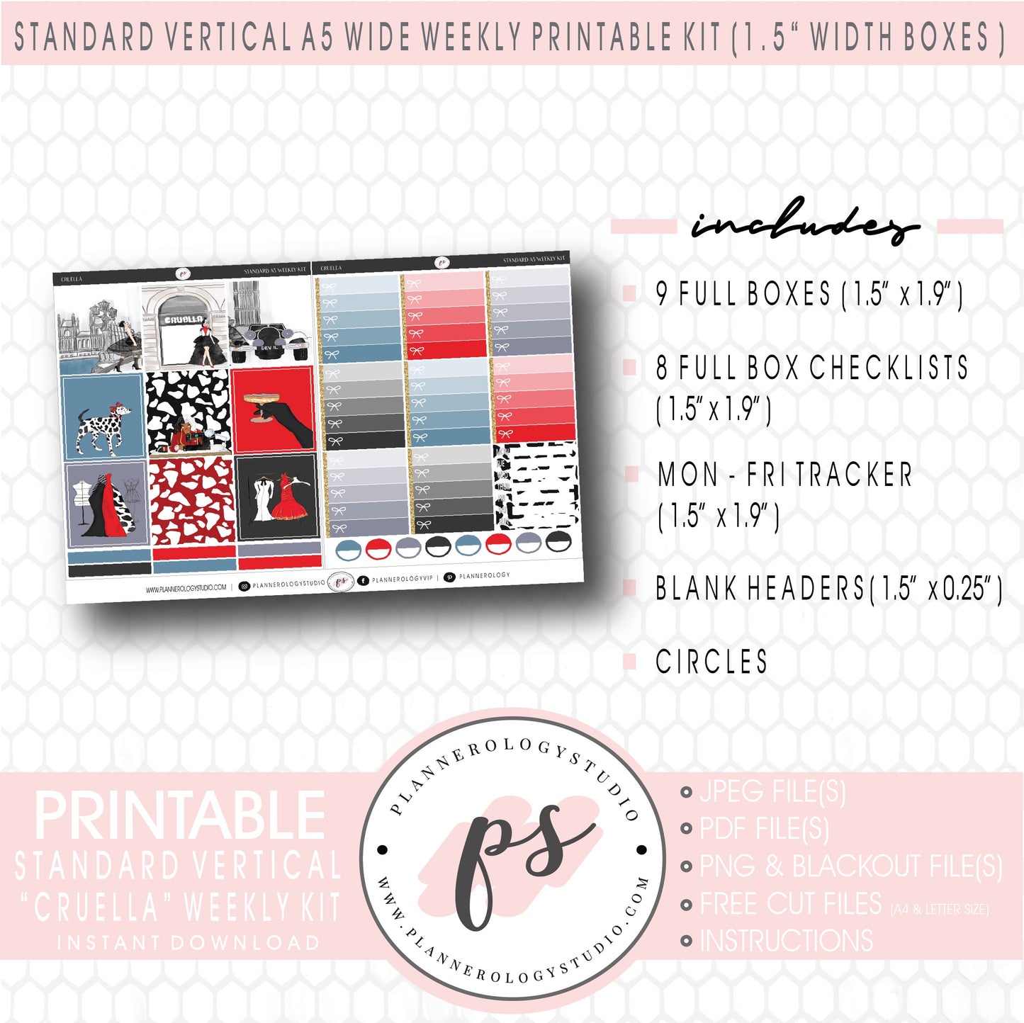 Cruella (101 Dalmations Inspired) Weekly Digital Printable Planner Stickers Kit (for use with Standard Vertical A5 Wide Planners)