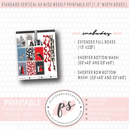 Cruella (101 Dalmations Inspired) Weekly Digital Printable Planner Stickers Kit (for use with Standard Vertical A5 Wide Planners)