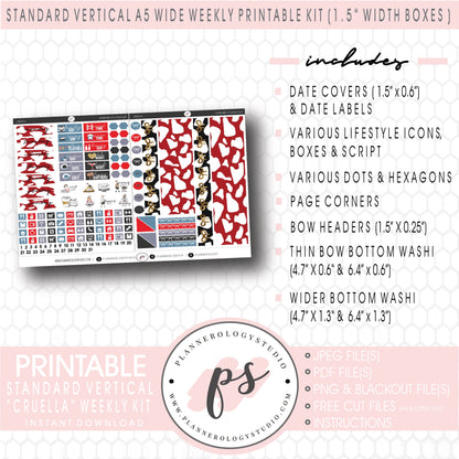 Cruella (101 Dalmations Inspired) Weekly Digital Printable Planner Stickers Kit (for use with Standard Vertical A5 Wide Planners)