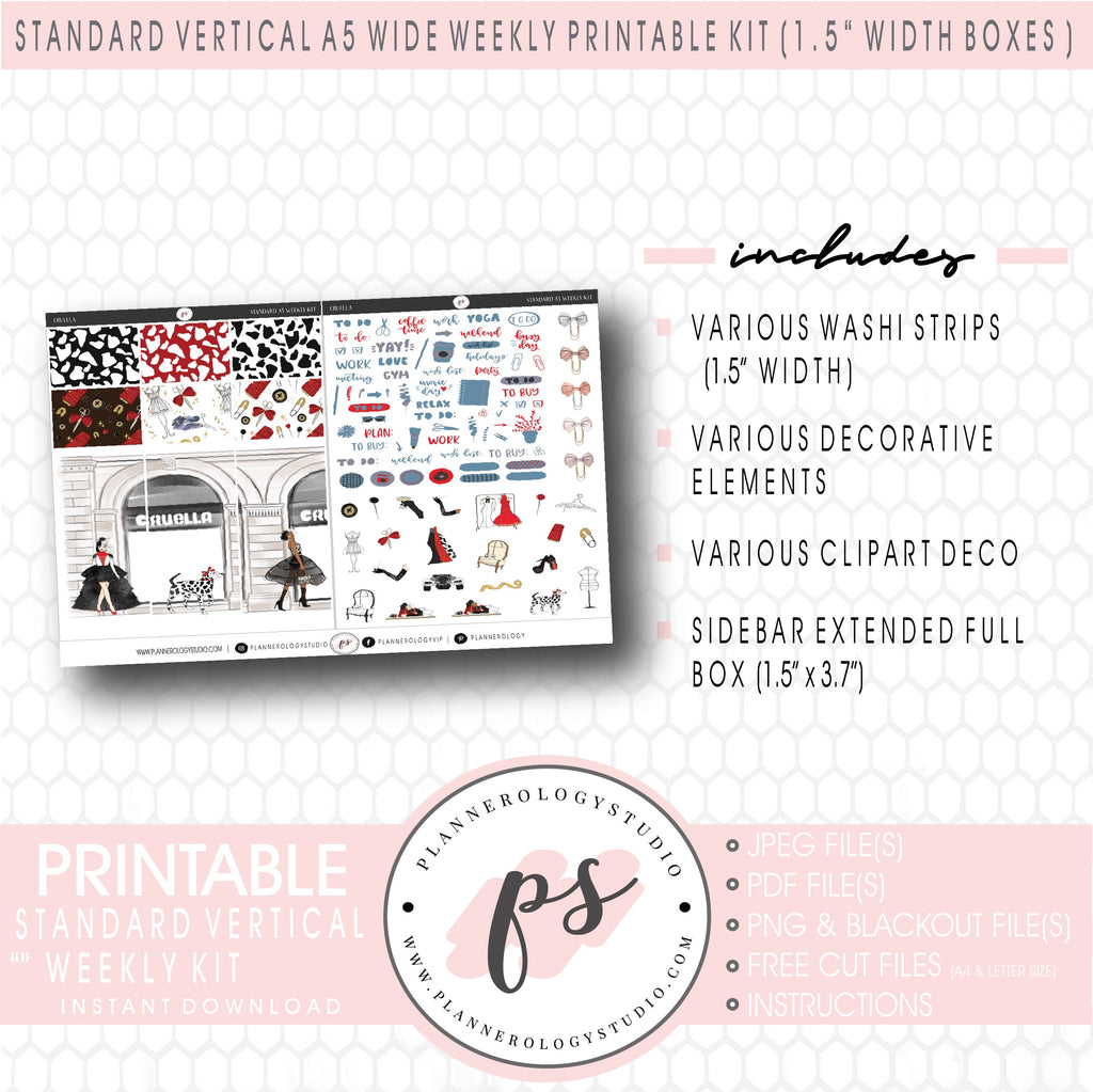 Cruella (101 Dalmations Inspired) Weekly Digital Printable Planner Stickers Kit (for use with Standard Vertical A5 Wide Planners)