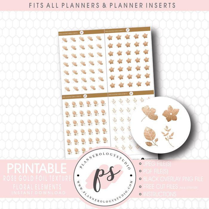 Rose Gold Foil Texture Floral Elements Digital Printable Planner Stickers