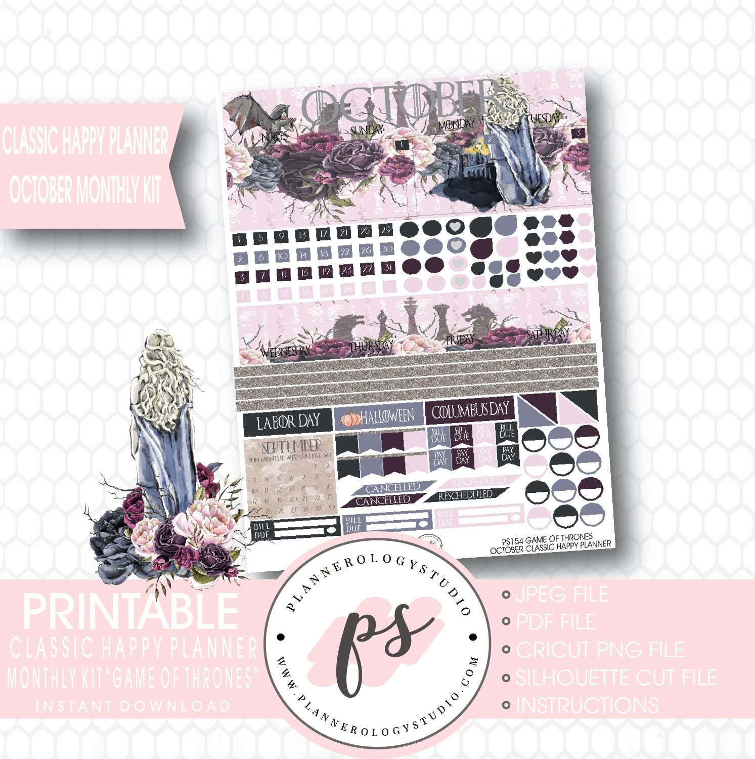 Game of Thrones (GOT) October 2017 Monthly View Kit Printable Planner Stickers (for use with Classic Happy Planner) - Plannerologystudio