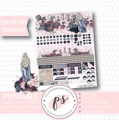 Game of Thrones (GOT) October 2017 Monthly View Kit Printable Planner Stickers (for use with Classic Happy Planner) - Plannerologystudio