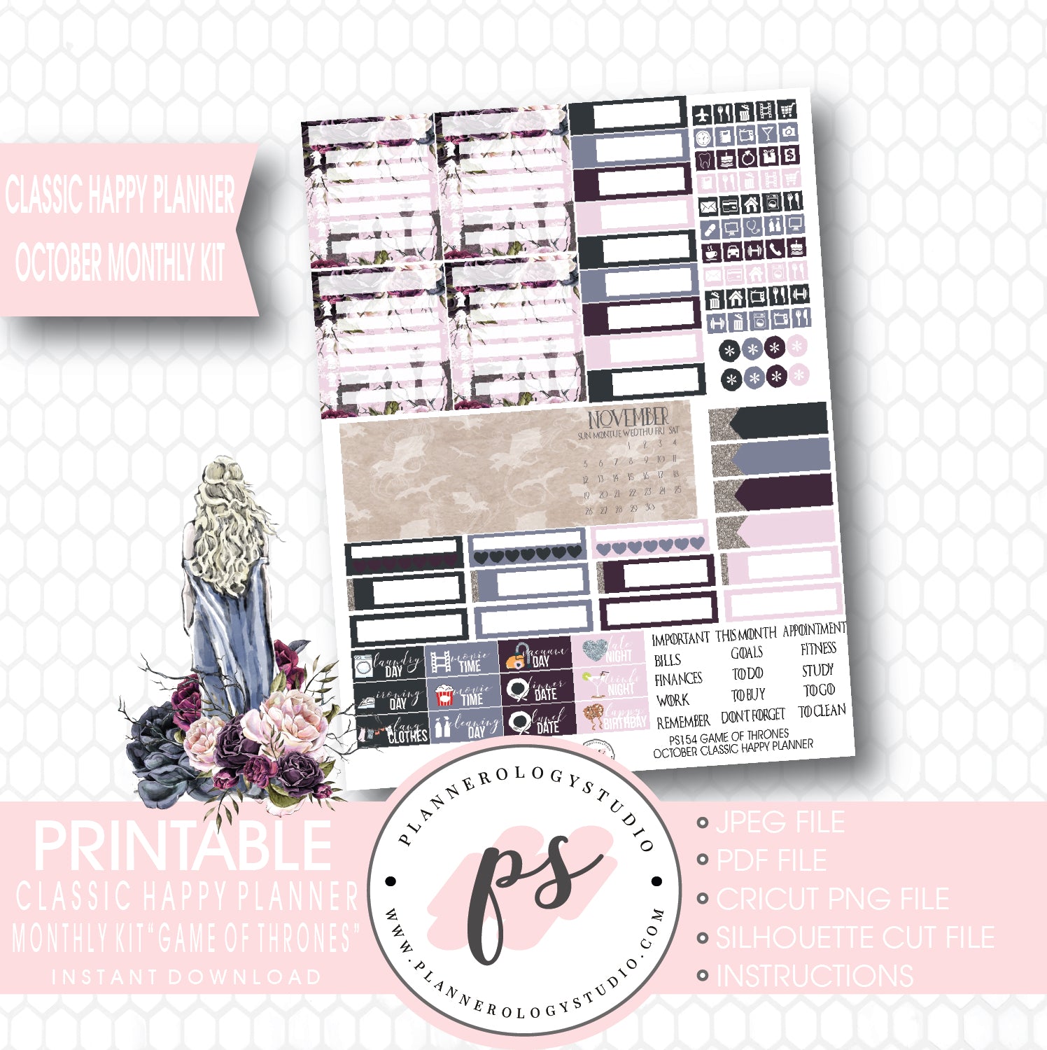 Game of Thrones (GOT) October 2017 Monthly View Kit Printable Planner Stickers (for use with Classic Happy Planner) - Plannerologystudio