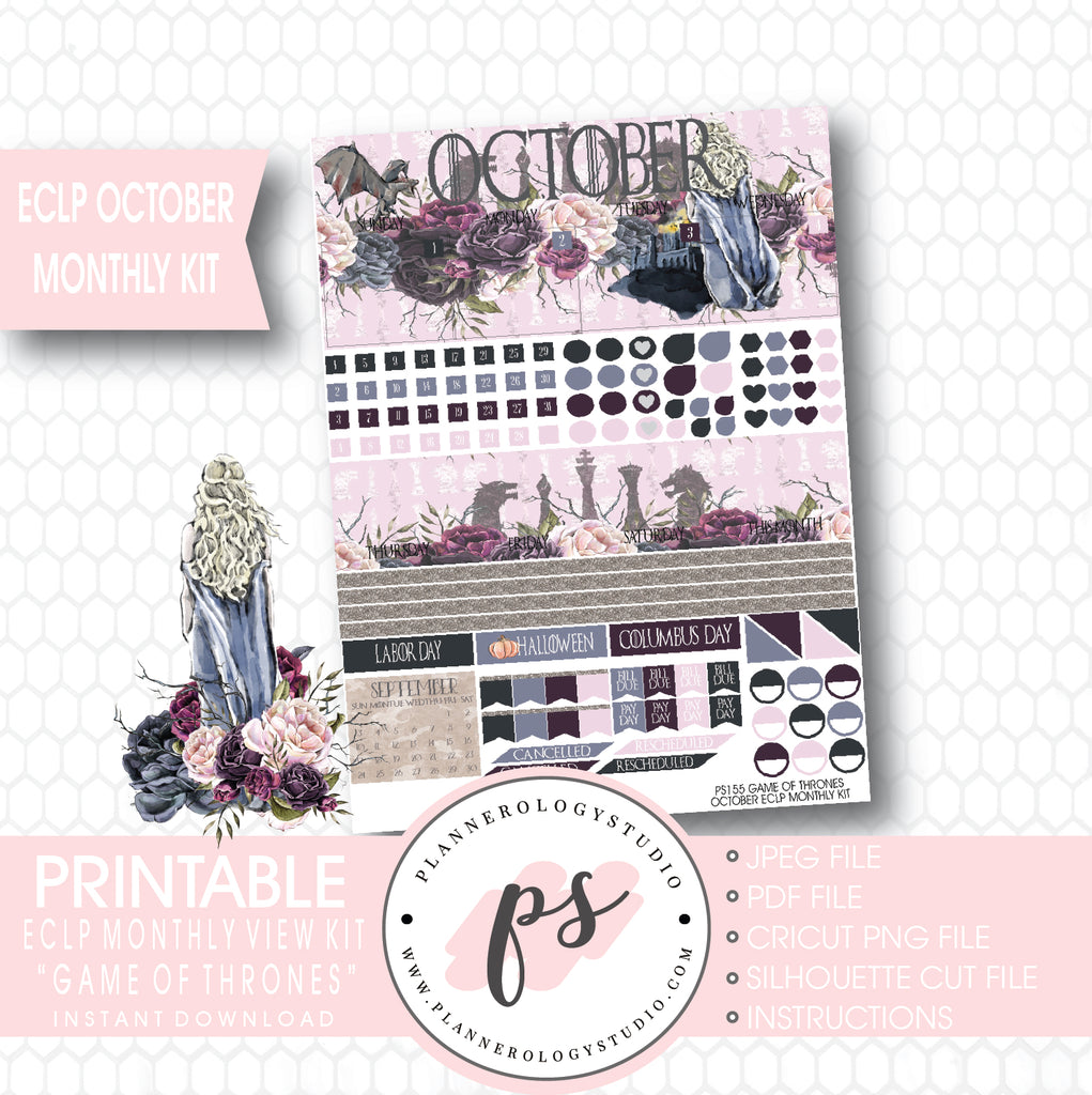Game of Thrones (GOT) October 2017 Monthly View Kit Printable Planner Stickers (for use with ECLP) - Plannerologystudio