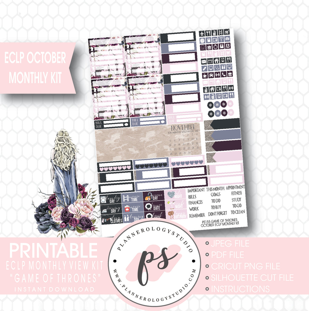 Game of Thrones (GOT) October 2017 Monthly View Kit Printable Planner Stickers (for use with ECLP) - Plannerologystudio