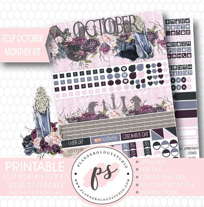 Game of Thrones (GOT) October 2017 Monthly View Kit Printable Planner Stickers (for use with ECLP) - Plannerologystudio