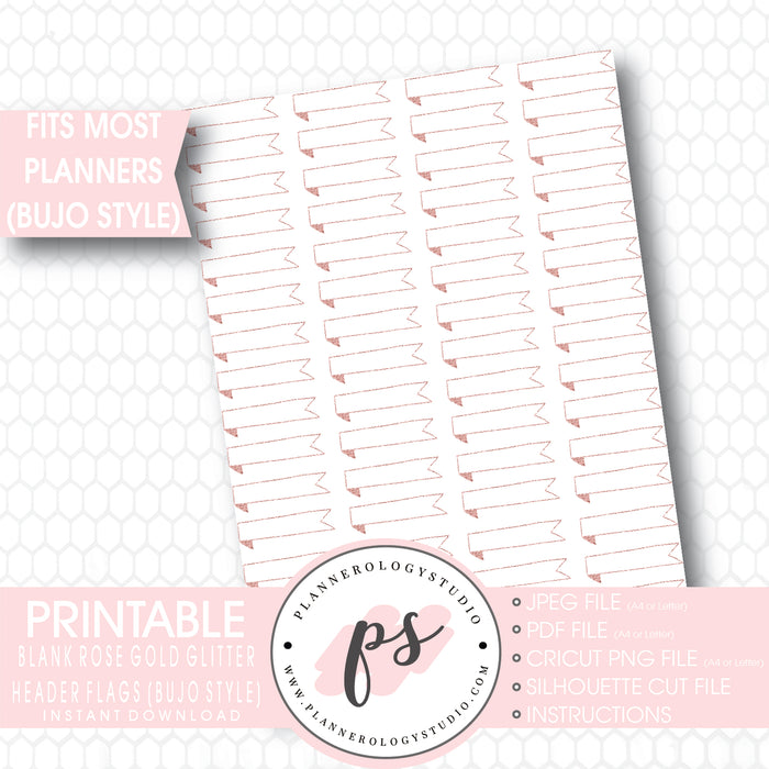 Rose Gold Glitter Blank Header Flags Bullet Journal Bujo Printable Planner Stickers - Plannerologystudio