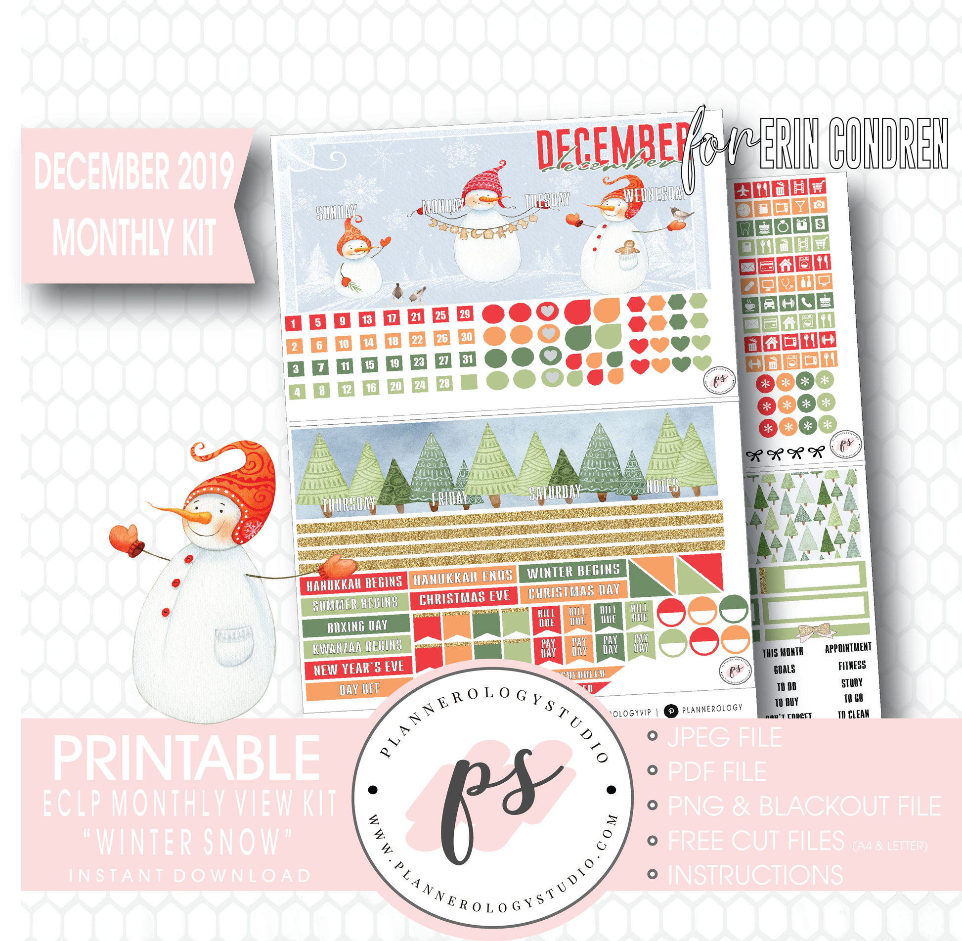 Winter Snow December 2019 Monthly View Kit Digital Printable Planner Stickers (for use with Erin Condren) - Plannerologystudio