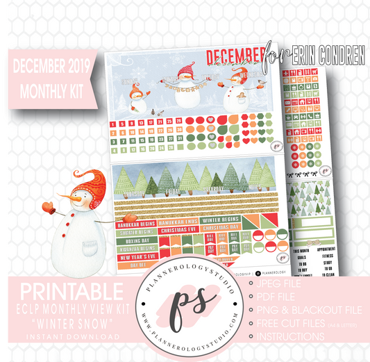 Winter Snow December 2019 Monthly View Kit Digital Printable Planner Stickers (for use with Erin Condren) - Plannerologystudio