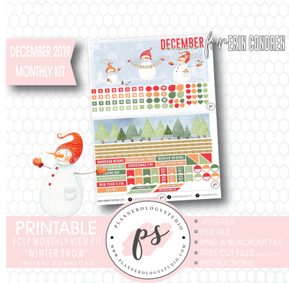 Winter Snow December 2019 Monthly View Kit Digital Printable Planner Stickers (for use with Erin Condren) - Plannerologystudio