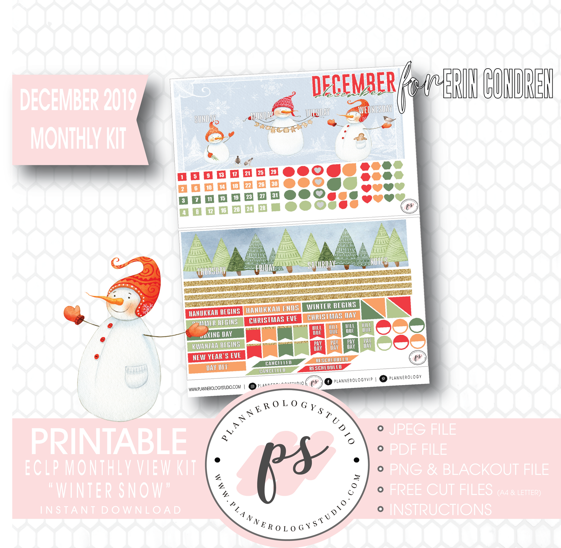 Winter Snow December 2019 Monthly View Kit Digital Printable Planner Stickers (for use with Erin Condren) - Plannerologystudio