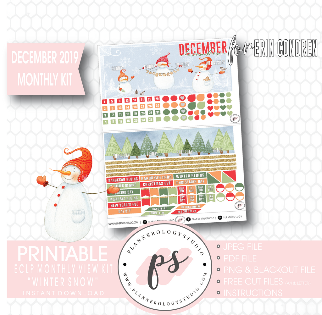 Winter Snow December 2019 Monthly View Kit Digital Printable Planner Stickers (for use with Erin Condren) - Plannerologystudio