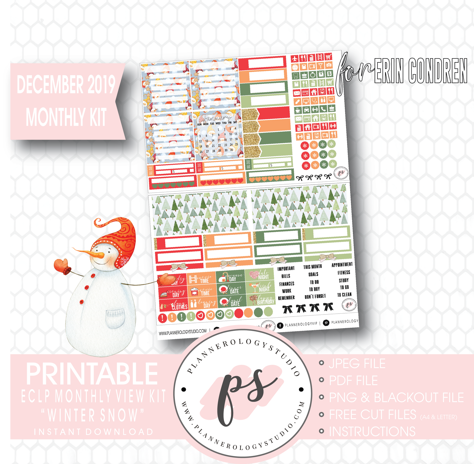 Winter Snow December 2019 Monthly View Kit Digital Printable Planner Stickers (for use with Erin Condren) - Plannerologystudio
