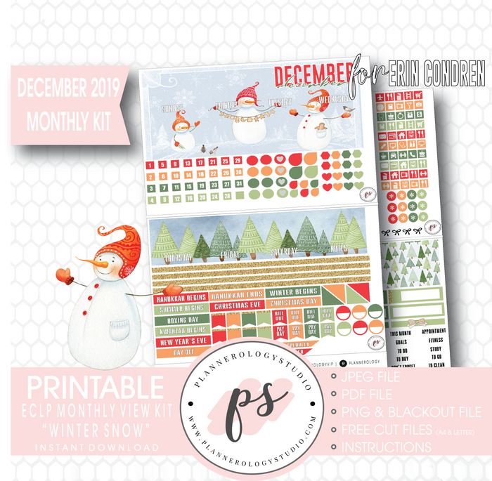 Winter Snow December 2019 Monthly View Kit Digital Printable Planner Stickers (for use with Erin Condren) - Plannerologystudio